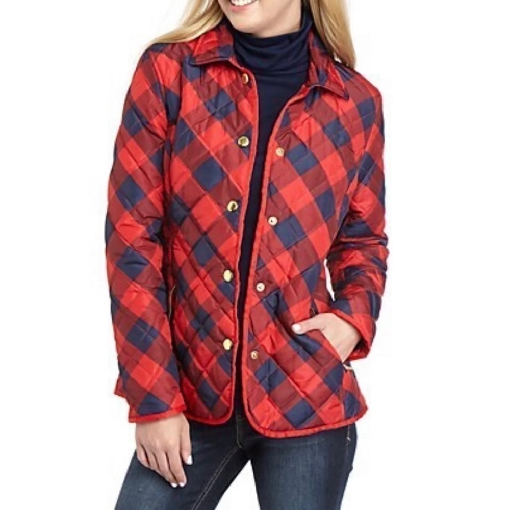 Crown & Ivy Red Navy Blue Plaid Check Quilted Barn Jacket Winter Coat Size Small